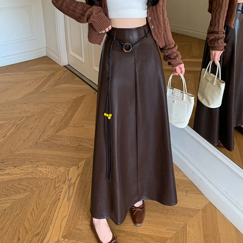 Vintage Stylish Lace-up Faux Leather Skirt Women High Waist A-Line PU Skirt Female Autumn Winter Long Skirt Black Coffee
