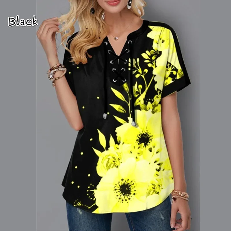 A55  Plus Size Women Clothing Short Sleeve T-Shirts Fashion Flower Print Bandage V-Neck Summer Tee Loose Casual Lady 021 T-Shirt