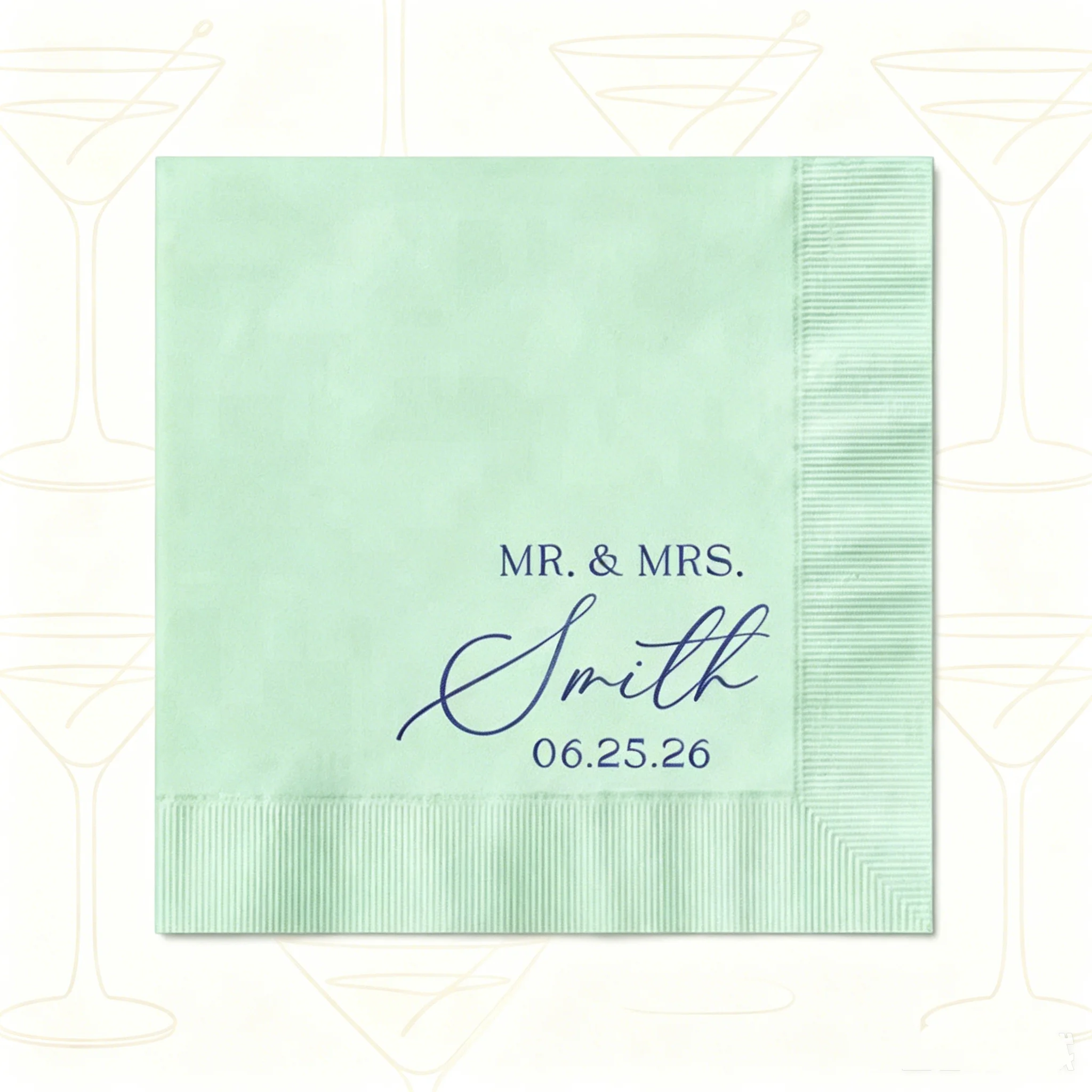 

50pcs Personalized Mr. & Mrs. Cocktail Napkins, Custom Last Name & Wedding Date Disposable Napkins, Blue Foil Print, for Wedding