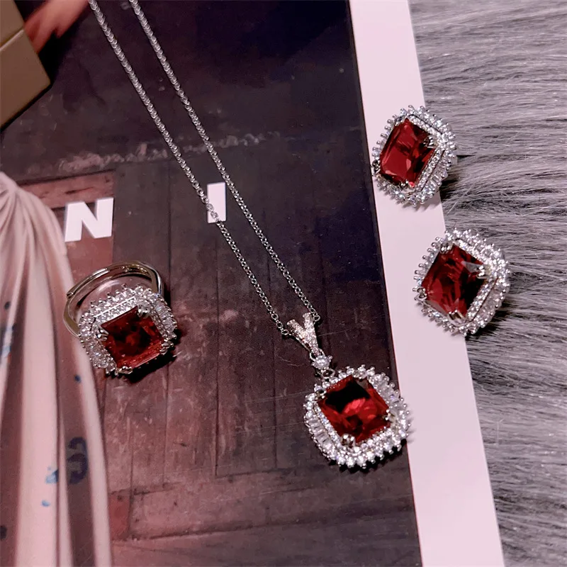 Vintage Classic Ruby Square Three Piece earrings for women Necklace ring Light luxury Charms Banquet red Jewelry sets Gift