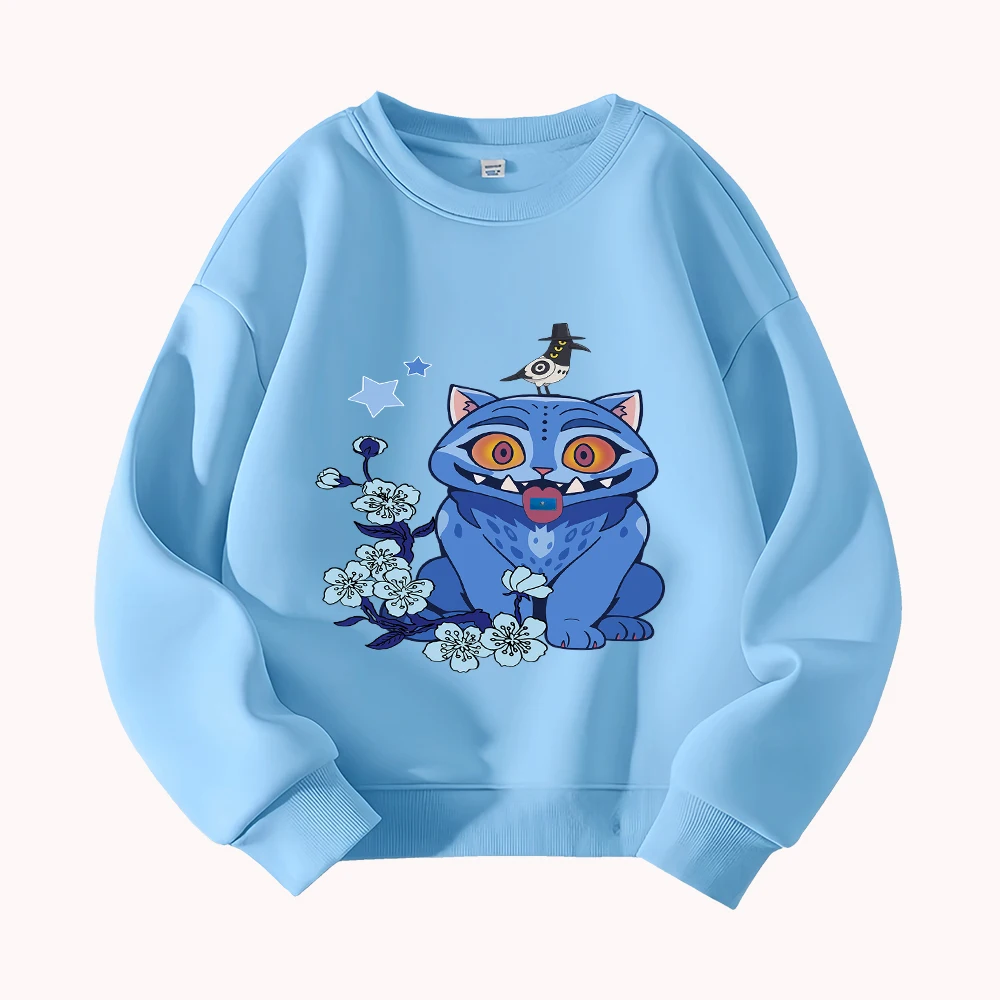 

Blue Cat Sweatshirt with Crow Art Japanese Style Cherry Blossom Print CasualUnisex Fashion Streetwear Top