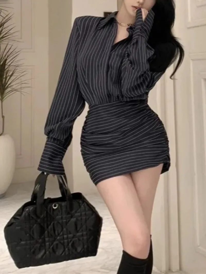 فستان قميص نسائي مخطط بأكمام طويلة فستان قميص الورك المعانقة تنورة قصيرة مكتب سيدة مثير سليم صالح فستان الكورية نمط 2025 #5
