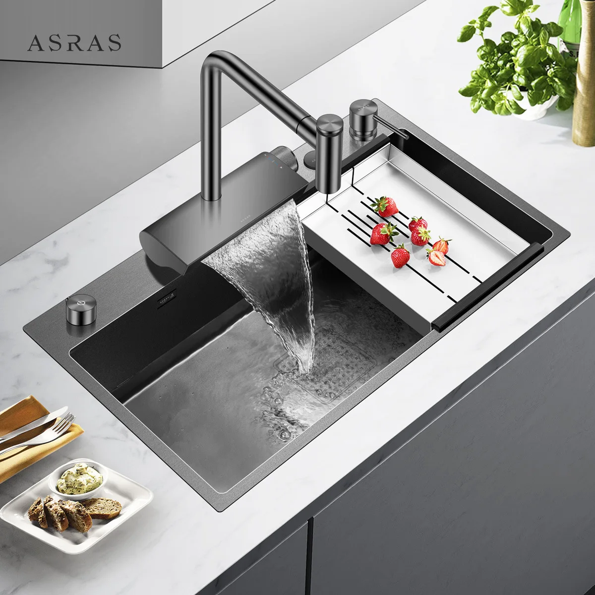 

Luxury Black 780*480mm 680*450mm Kitchen Sink High Quality New Big Kitchen Sink Set Waterfall Pull Out Kitchen faucet 7 pcs/set