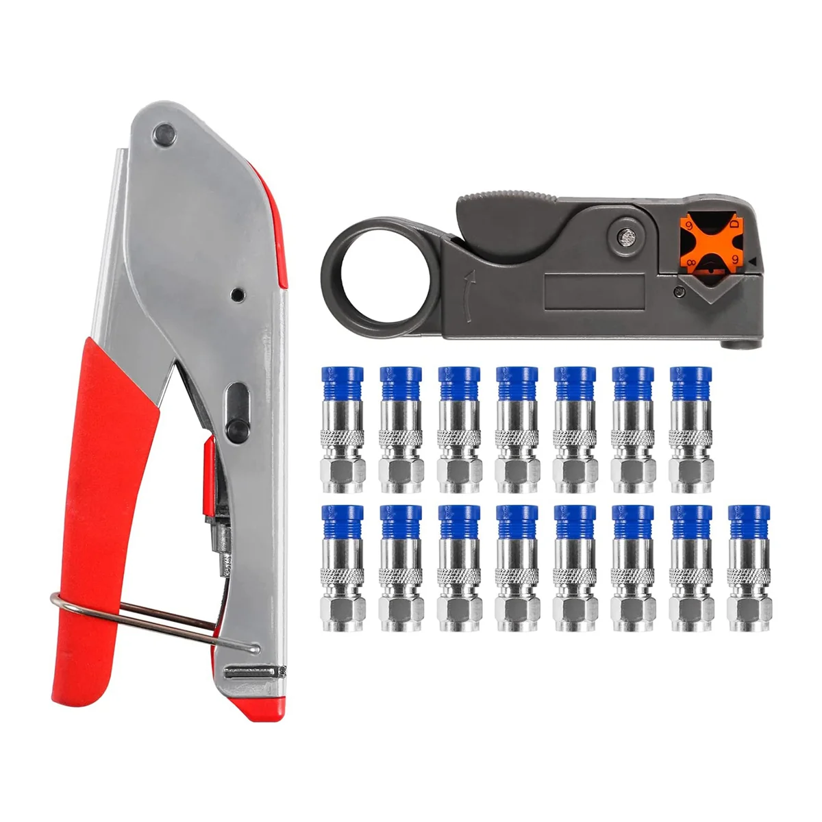 Coax Cable Crimper Kit Tool for RG6 RG59, Coaxial Compression Tool Kit with 15Pcs F RG6 RG59 Connectors