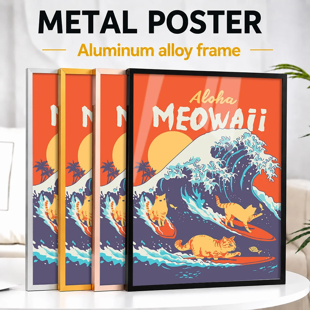Aloha Meowaii Cats Surfing Metal Poster With Aluminum Alloy Frame Personalized Graphic Tribute Wall Art Ideal For Living Room