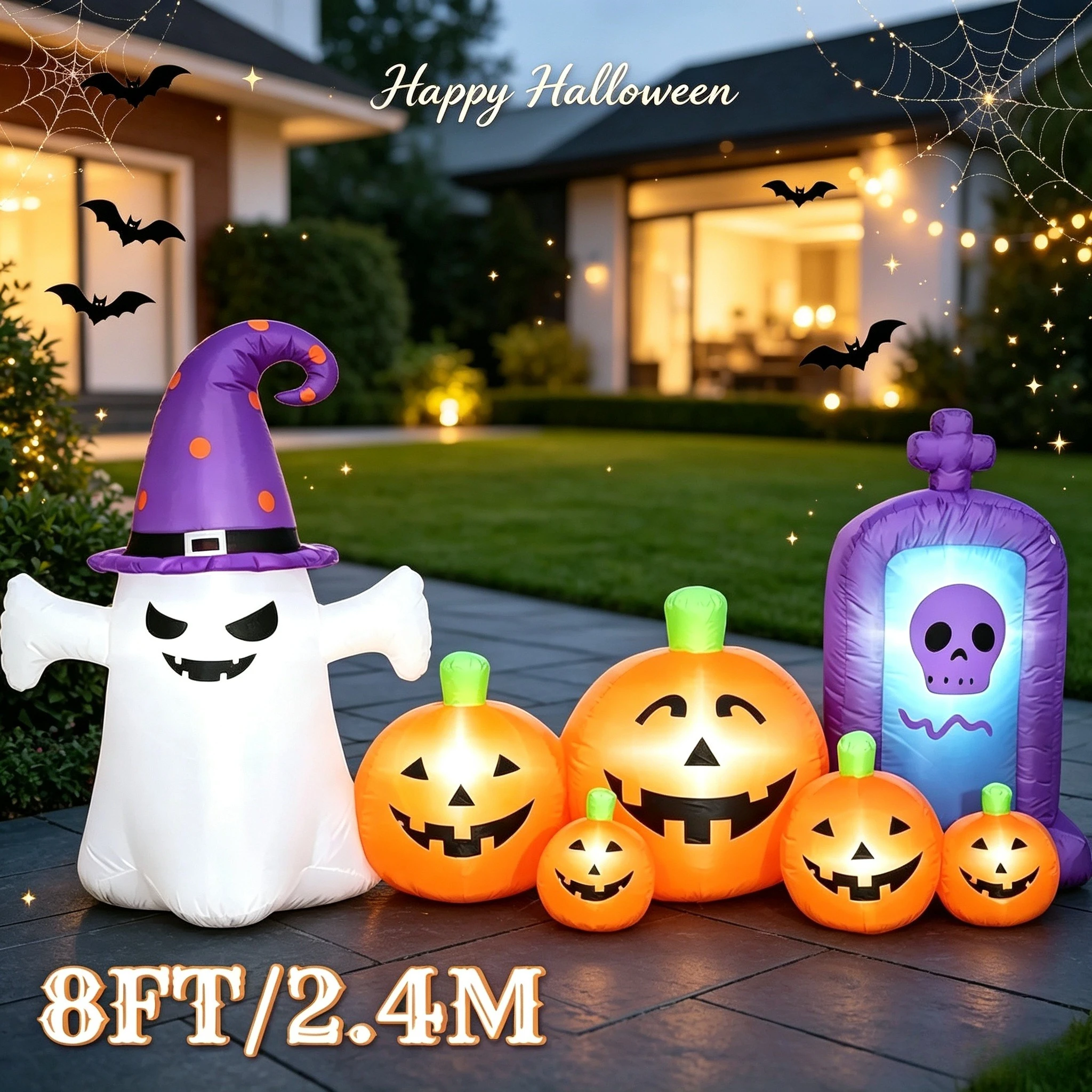 8FT Giant Halloween Inflatable Combo Set, Spooky Skull Gravestone Holiday Yard Welcome Decor