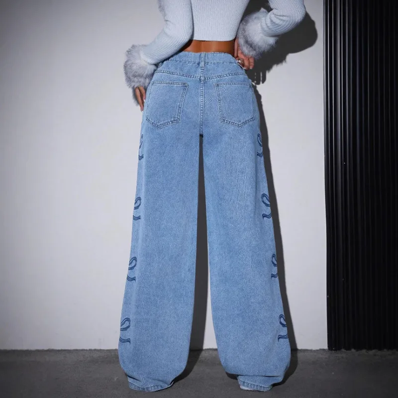 ANJY otoño nuevas mujeres American Tide Jeans lavados Bowknot impreso bolsillos rectos High Street Y2K elegante pantalones vaqueros A9114