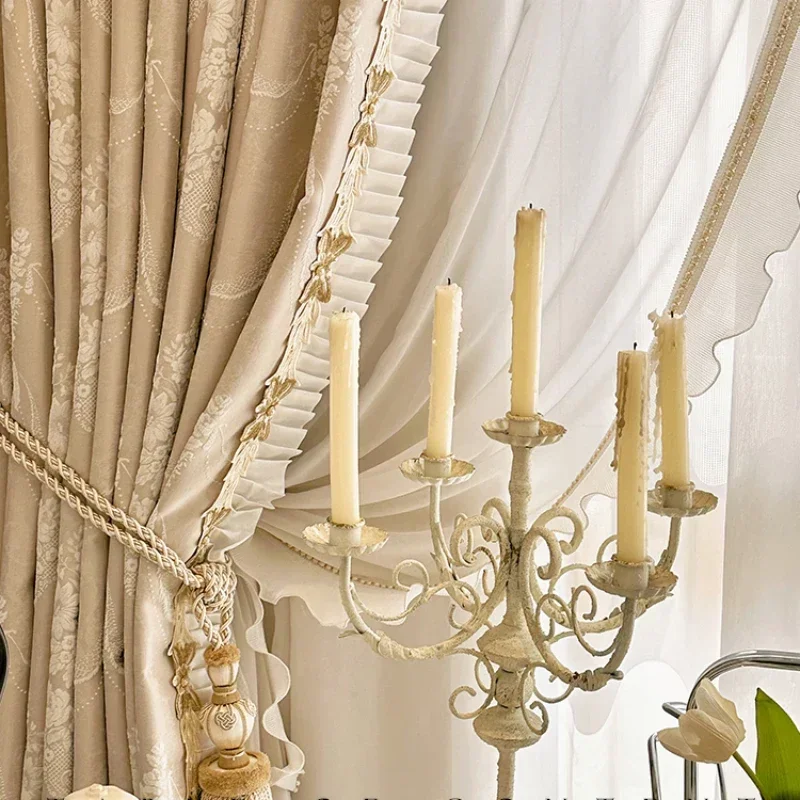 

French Embroidered Chenille Luxury Curtains for Living Room Bedroom Dining Romantic Cream Beige Relief Window Decor