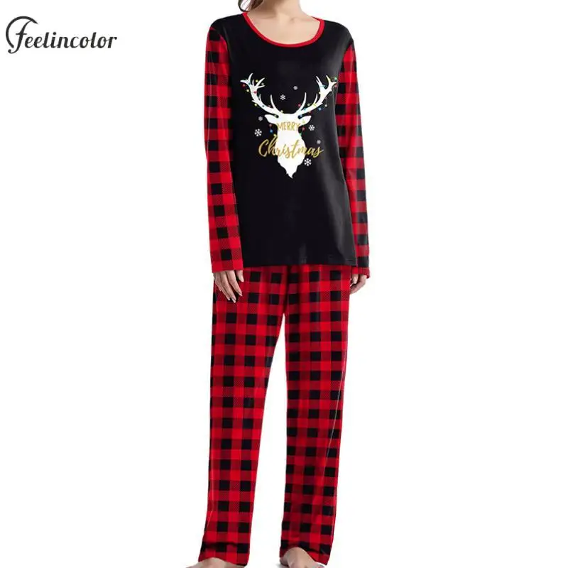 Elk Christmas Graphic Pajamas Sets for Women Red Checkered Couple Sleepwear Family Matching Suit New Year Pajamas Clothes