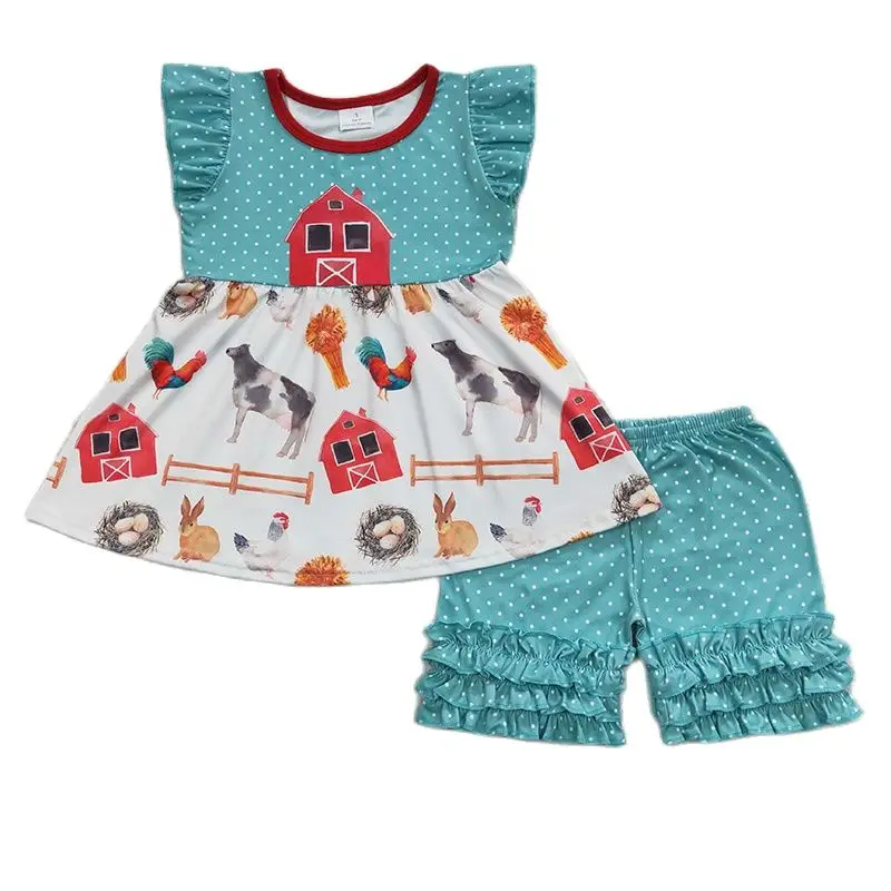 Wholesale Baby Girl Summer Farm Set Toddler Children Short Sleeves Cow Chicken Tunic Kid Ruffle Green Dots Shorts Outfit
