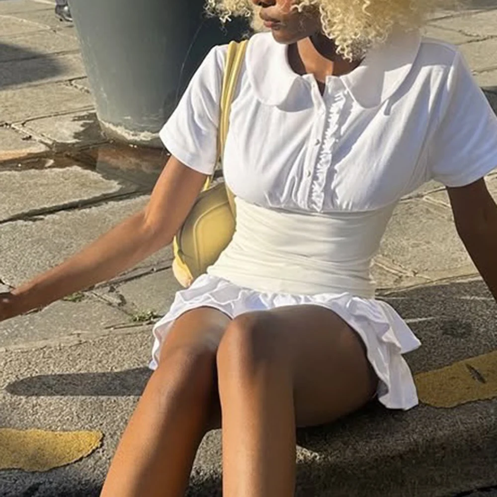 TWOTWINSTYLE Hit Color Slimming Mini Dresses for Women Lapel Short Sleeve Tunic Temperament Mini Dress Female Fashion