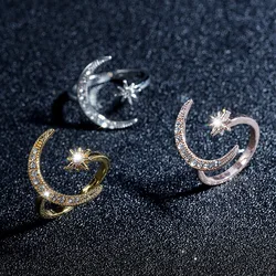 Fashion Silver Color Gold Star Moon Opening Rings For Women Shine Crystal Rhinestone Flower Wedding Party Jewelry