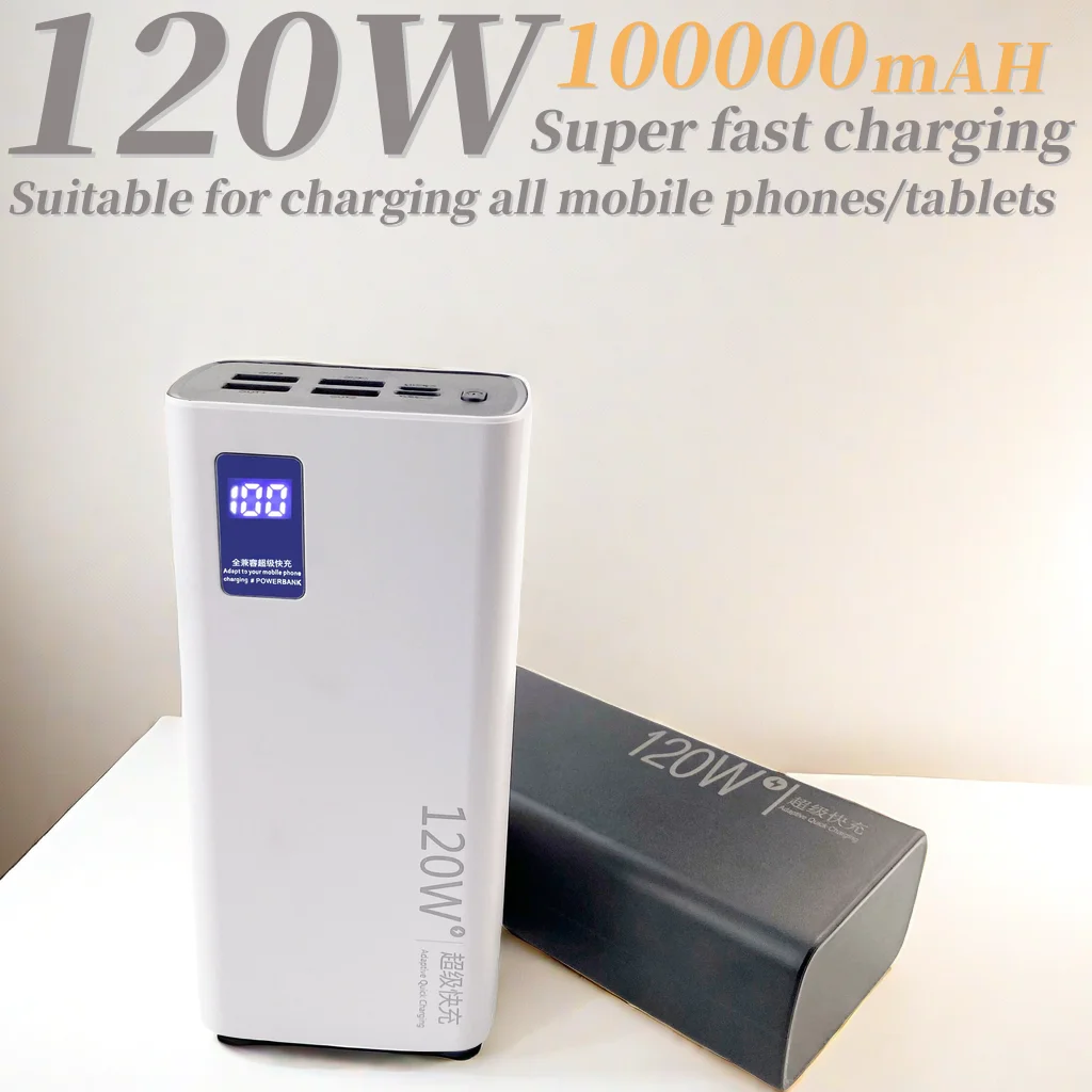 120W power bank with a large capacity of 100000mAh, portable super fast charging, outdoor mobile phone power supply