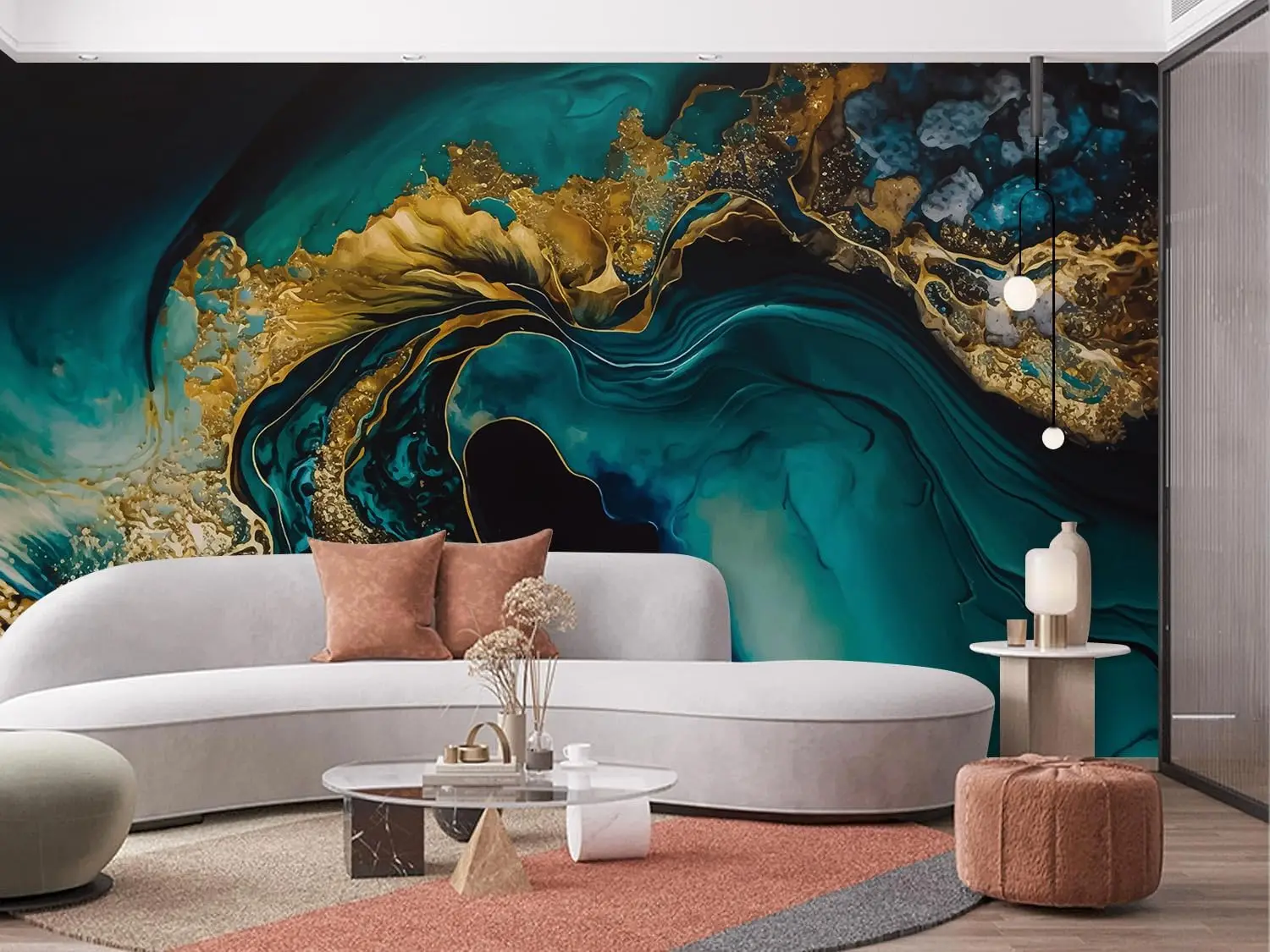Abstract Gold Teal Fluid Liquid Marble Tapestry Wall Mural Boho Decor Luxury Ocean Wave Art for Living Room Home Accent