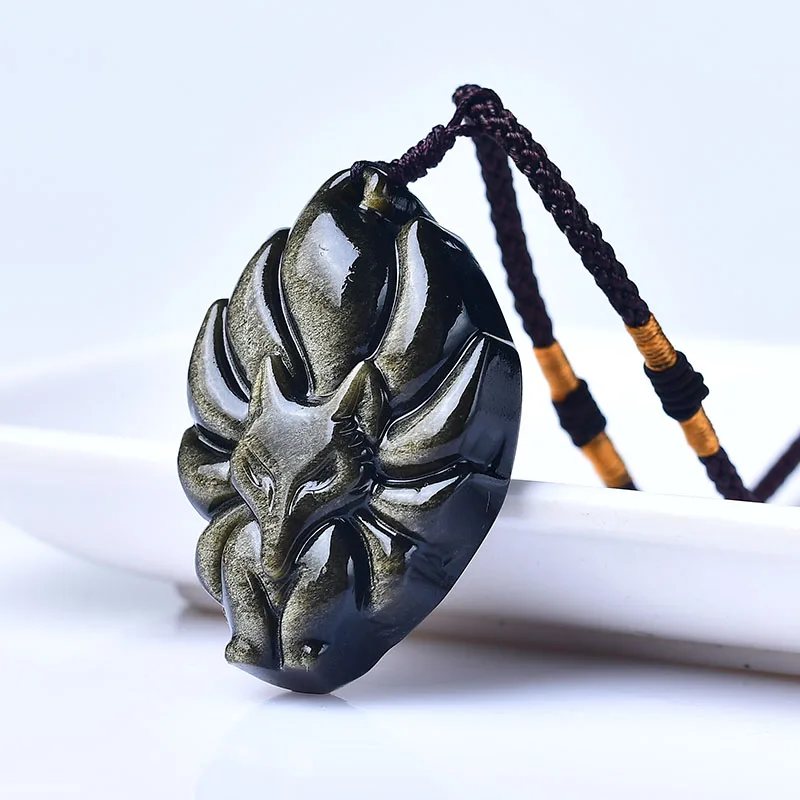 

1PC Natural Stone Pendant Black Obsidian Rainbow Eye Nine-tailed Fox jewelry Stone Pendant Necklaces Transfer charm Jewelry Gift