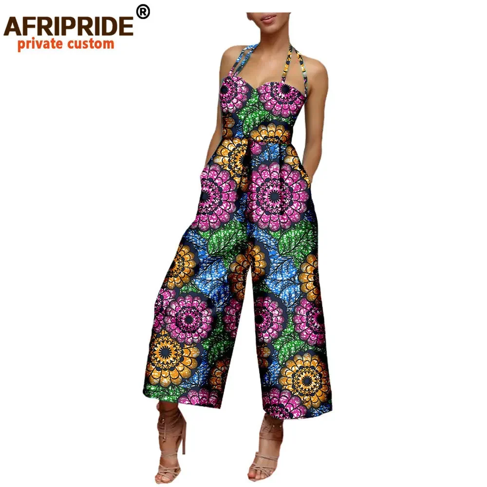 2024 pakaian Afrika wanita Jumpsuit AFRIPRIDE tanpa lengan Halter panjang pergelangan kaki lebar kasual katun Jumpsuit untuk wanita A722908