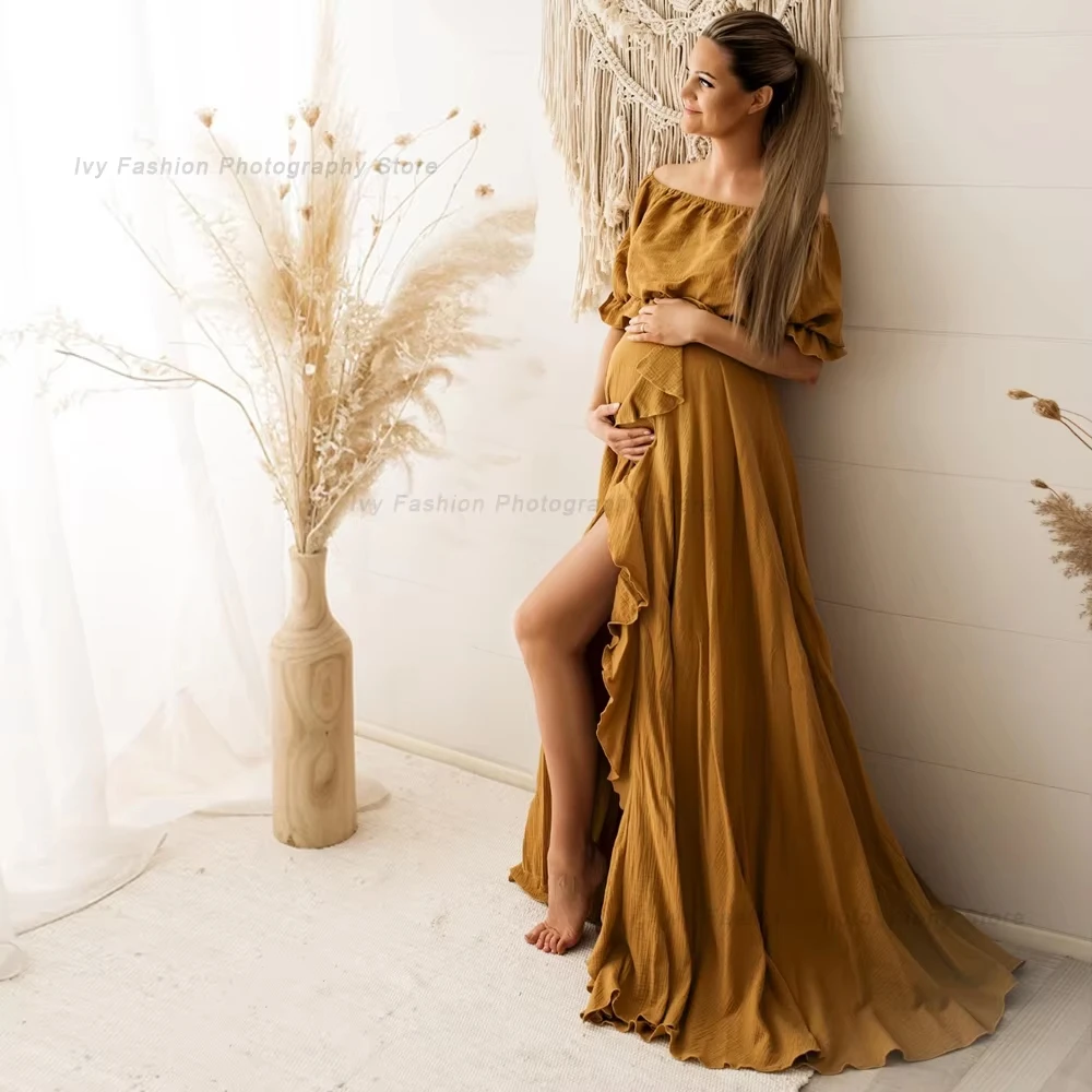 Böhmisches Umstandskleid für die Schwangerschaft, Sitzungskleid, Fotoshooting mit seitlichem Schlitz, Rüschen, Übergröße, zweiteilige Vintage-Kleider für Damen