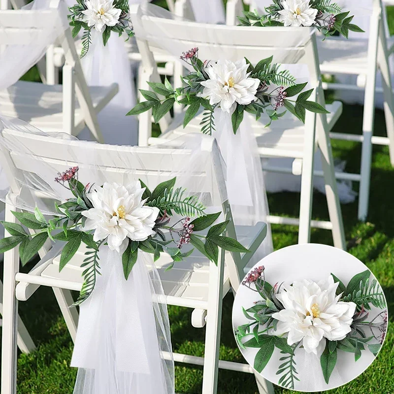 1PC Wedding Aisle Chair Back Flower Artificial Eucalyptus Leaf Tied Flower Church Chair Pew Bows for Wedding Ceremony Decorate