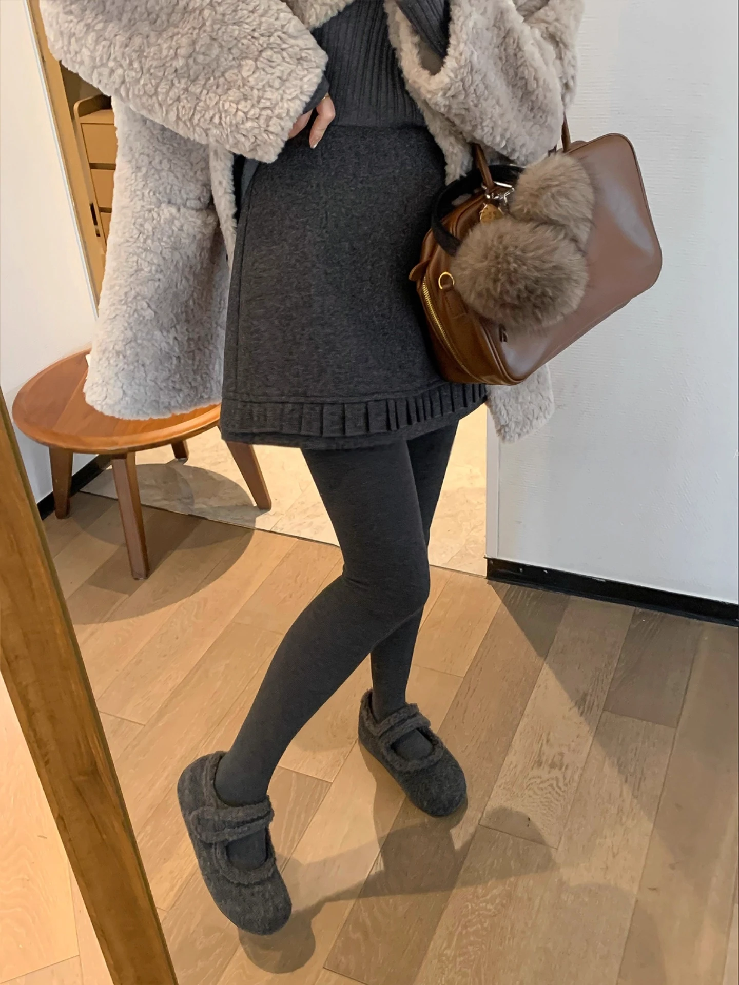 plus Size Women's Grey Woolen Short Skirt High Waist A-Line Style with Wood Grain  Spring Autumn Fashion Slimming Versatile