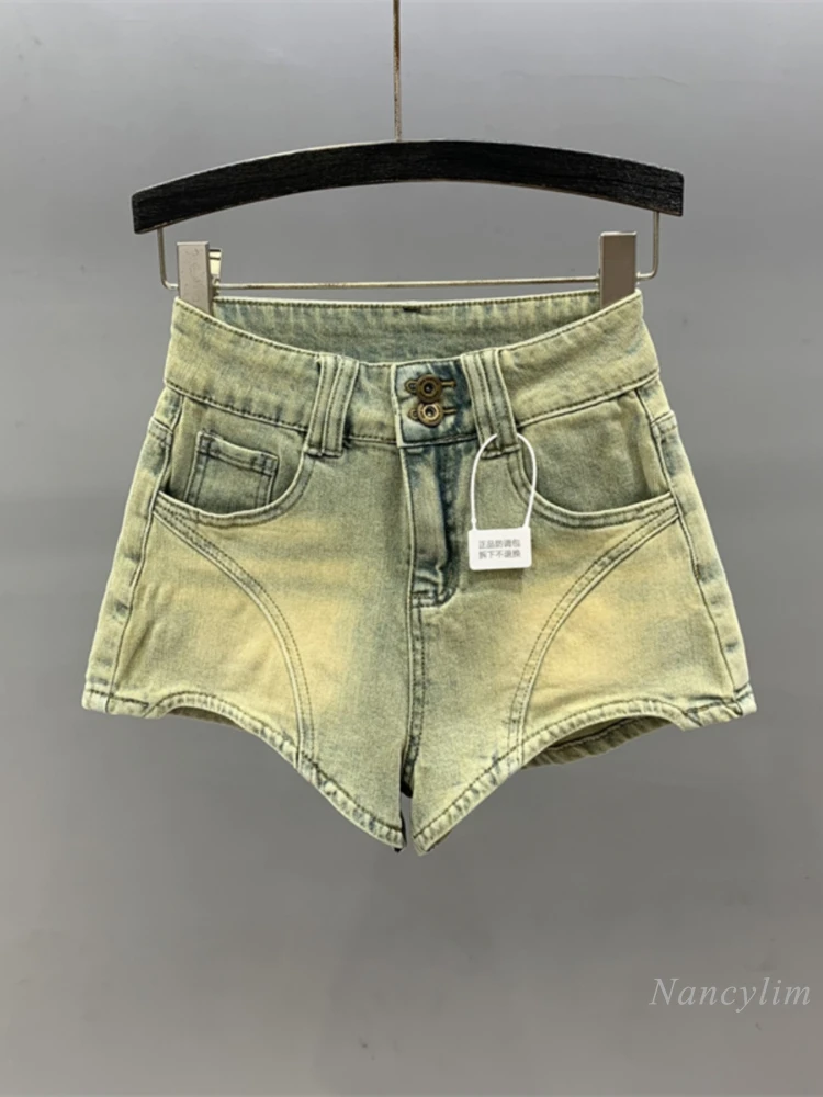 Irregular Retro Hot Girl Denim Shorts Women 2024 Summer New High Waist Slimming A- Line Wide-Leg Hot Pants