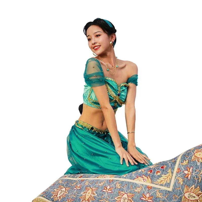 Festival di Halloween Arabo Cosplay Principessa Jasmine Costume Danza del ventre Indiano Bollywood Velo Top Pantaloni Accessori Set Festival