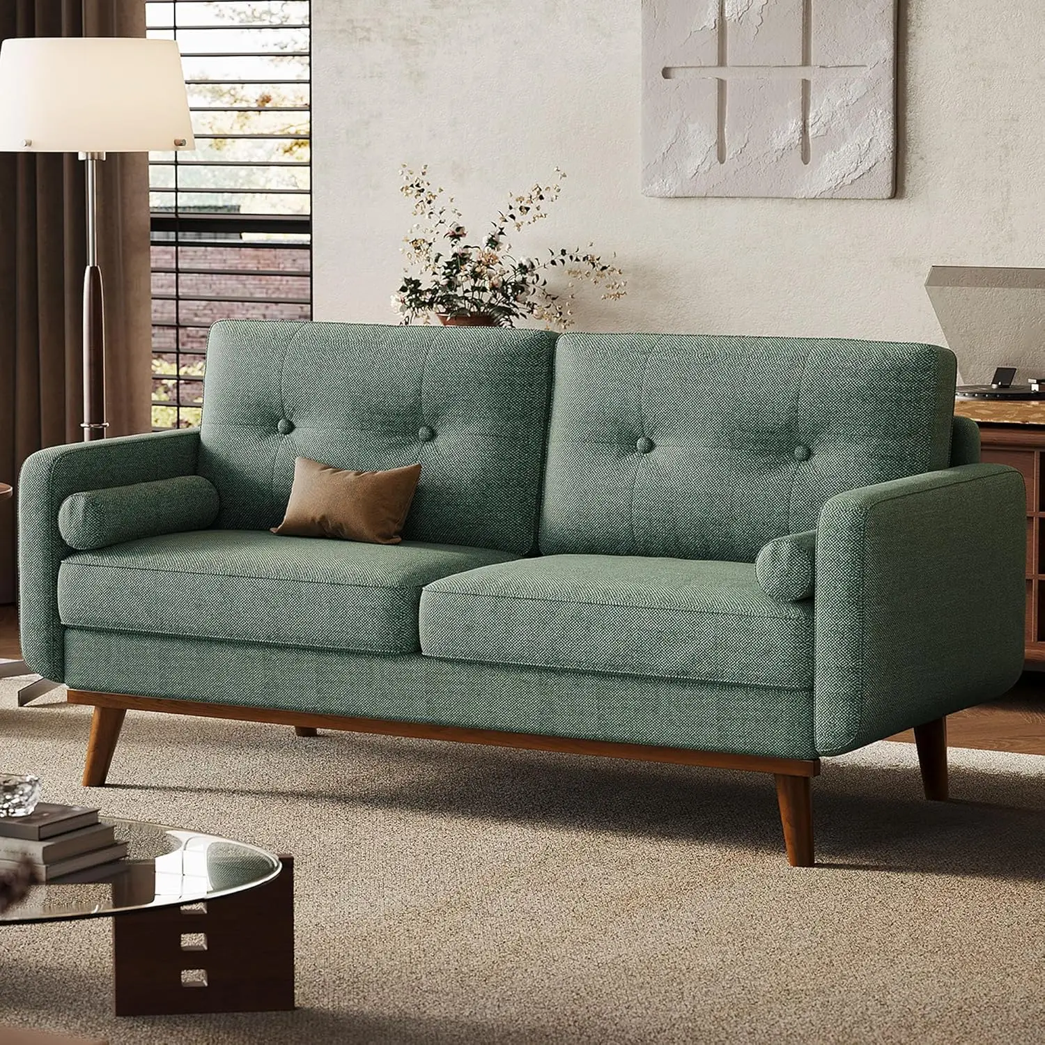 

'65' Loveseat Sofa, Modern Comfy 2 Seater Couch, Linen Upholstered, Green