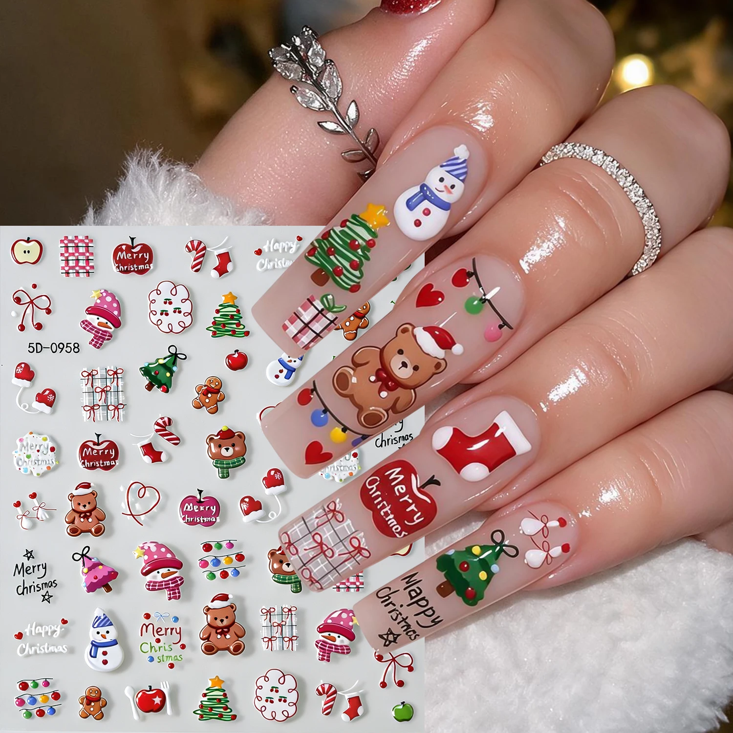1PCS 5D Christmas Nail Stickers Cute Cartoon Bear Snowman Xmas Tree Apple Sock Nail Decals Winter Holiday New Year DIY Manicure*