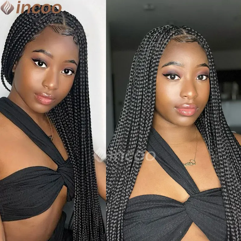 36" Jumbo Box Braided Wigs Synthetic Cornrow Braids Wigs Small Square Box Braided Wigs Fake Scalp Braiding Hair Wig For Women