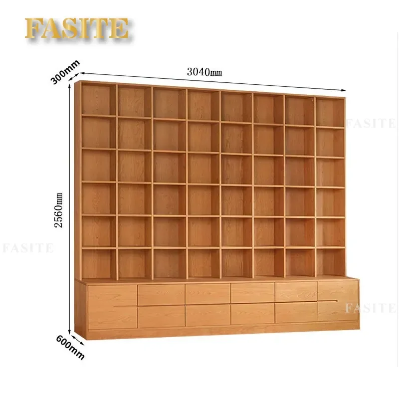 For Nordic Simple Solid Wood Cherry Oak Full Wall Bookshelf with Card Seat Living Room Library Storage Bookcase Furniture