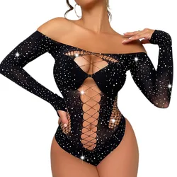 Sexy Transparent Clothing Shiny Rhinestones Hollow Club Sexy Bodysuit Fishnets Long Sleeve Backless Slim Club Party Body Rompers
