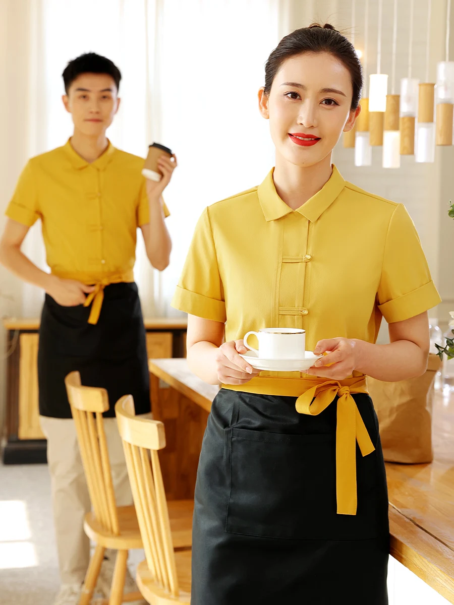 Coffee Shop Short-sleeved Unisex Work Clothes Catering Fast Food Restaurant Waiter Summer Yellow Shirt+Apron Set Hotel Uniform