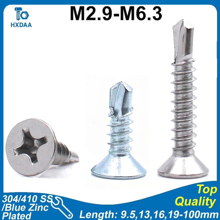 304/410 Stainless Steel/Blue Zinc Plated Phillips Countersunk Head Self Drilling Tek Screws M2.9 M3.5 M3.9 M4.2 M4.8 M5.5 M6.3