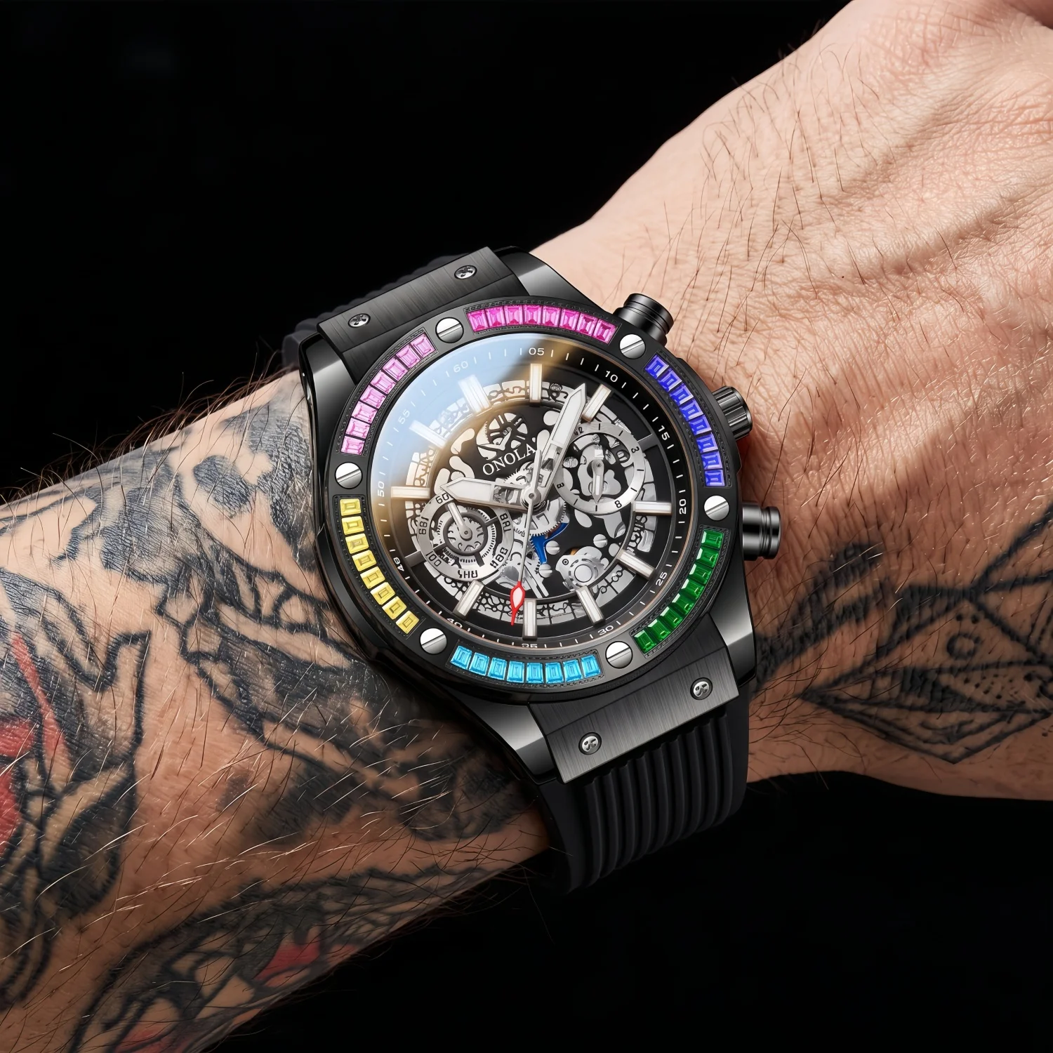 ONOLA Men's Mechanical Watch Alloy Case Groove Silicone Strap Rainbow Rectangular Crystal Bezel, Fashionable for Daily Wear