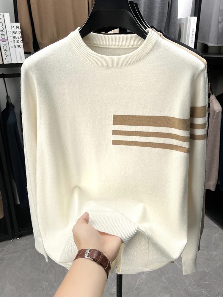 

Premium brand knitted men's sweater autumn new style trend striped decoration youth fashion comfort luxury round neck pullover