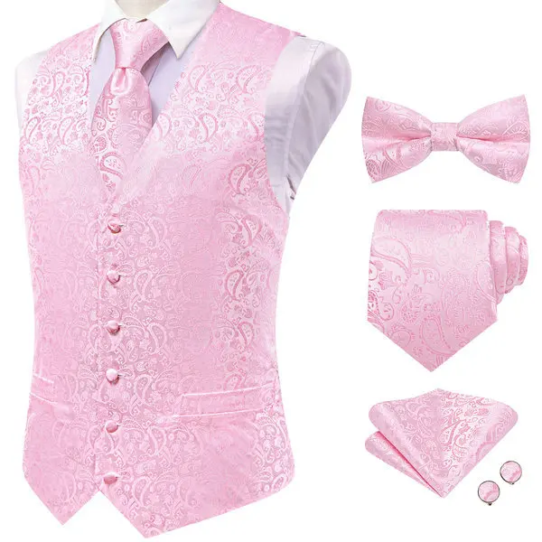 Herren Rot-Rosa Blumen-Paisley V-Kragen Weste Komplettset Business-Party-Kleidung Passendes Outfit – Detail 6