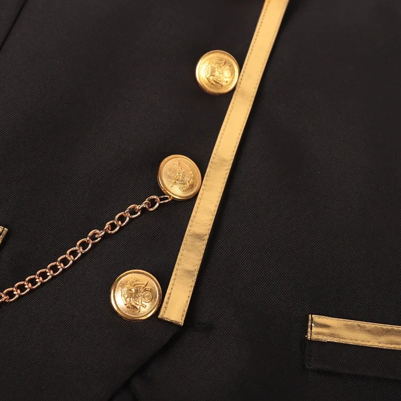 Herren-Satinweste in Schwarz mit Goldbesatz und Kette, elegante, figurbetonte Weste für Smoking, geeignet für Hochzeiten, Partys, Abschlussbälle und Bankette. – Detail 16