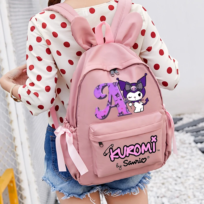 Kawaii Kuromi Letter Print Backpack Cartoon Figure School Bag Boys Girls Schoolbags Fashion Large Capacity Bookbag with Ear Gift