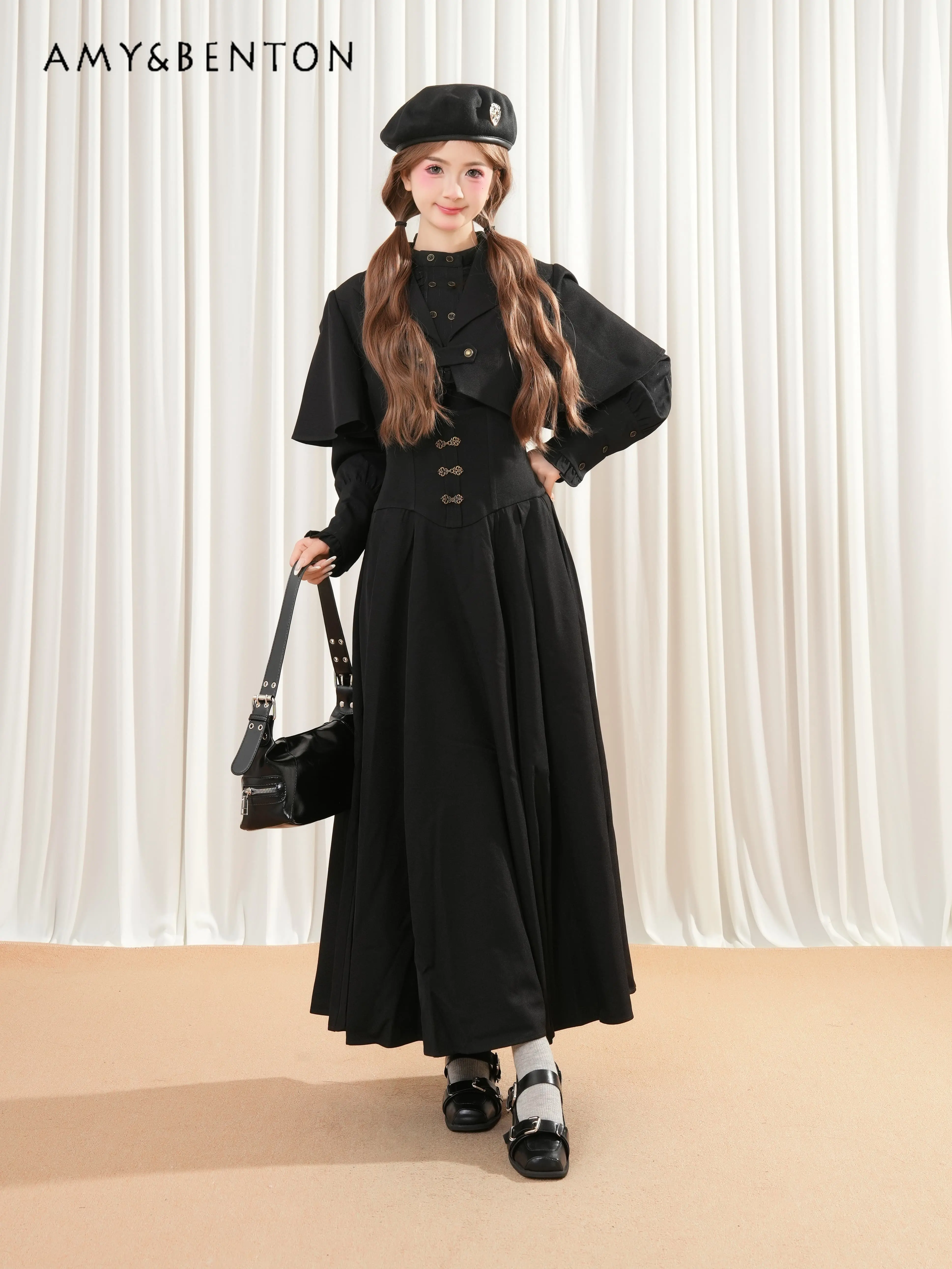 

Halloween Autumn and Winter Gothic Style Women's Black Short Shawl Long Sleeve Versatile Shirt Long Strap Dress Set