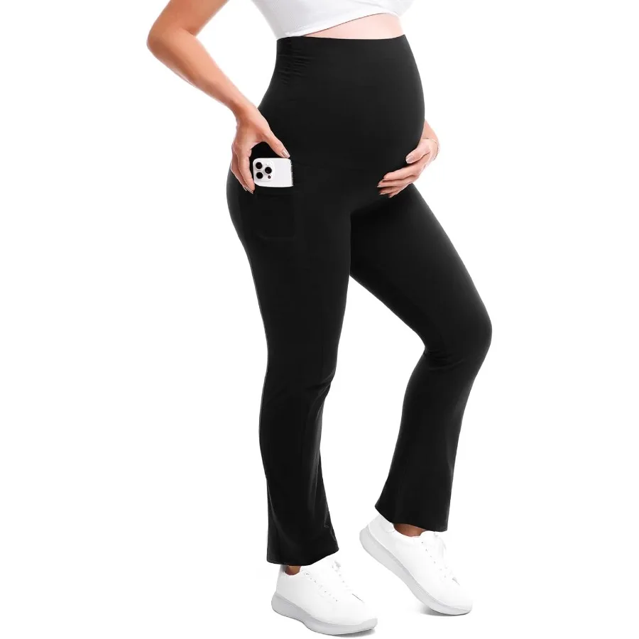 Leggings largas para maternidade Walifrey com bolso sobre a barriga, calças macias de ioga para gravidez para treino
