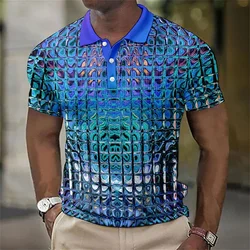 Polo Shirts Men'S Fashion 3d Simulation Metal Plaid Printed Men'S Clothing Summer Casual Short Sleeved Street Designer Tops Te