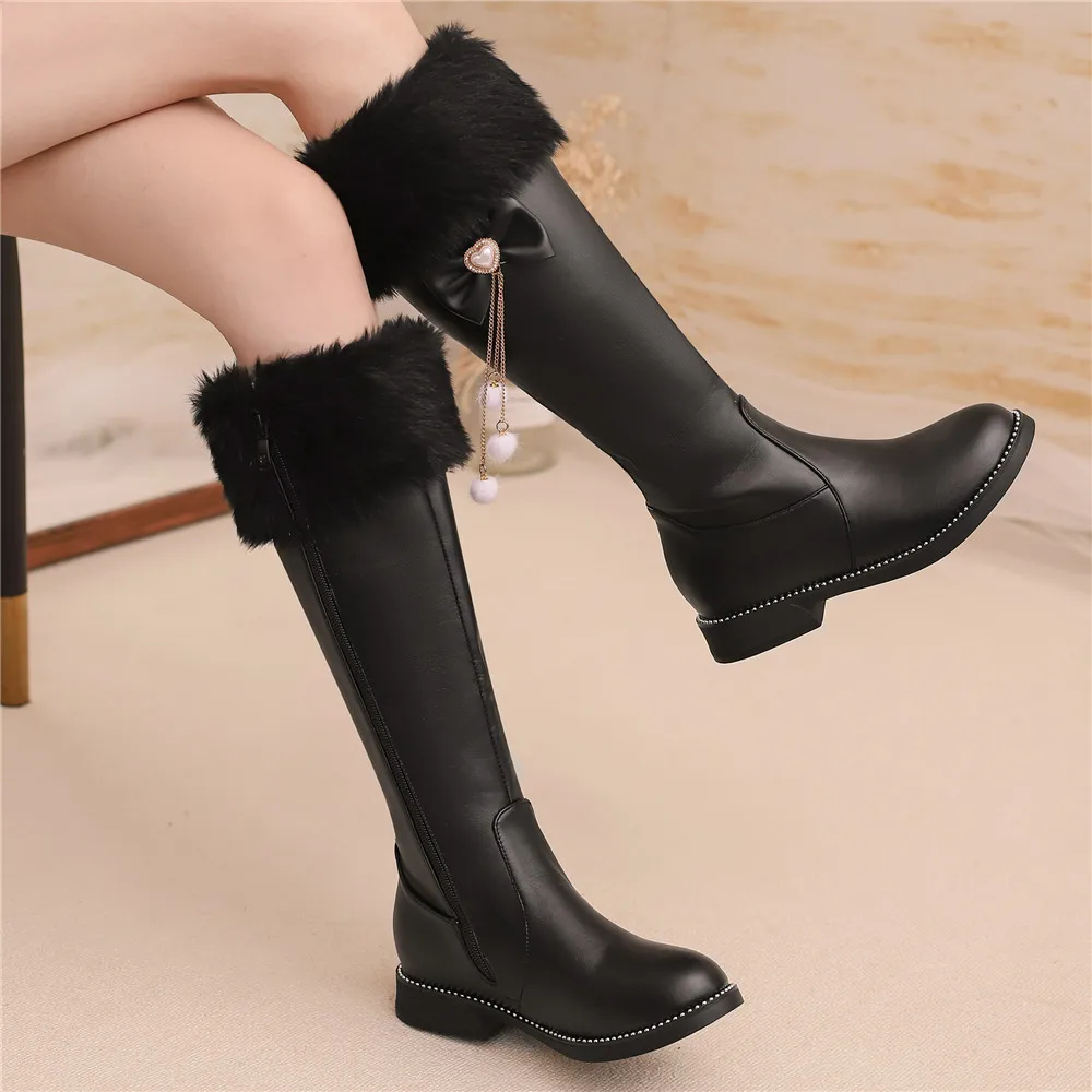 2024 New Women Boots Autumn Winter Girls Booties Faux Fur Knee-High Low-Heel Short Boots Side Zippe Bow Botas Mujer Shoes 31-43