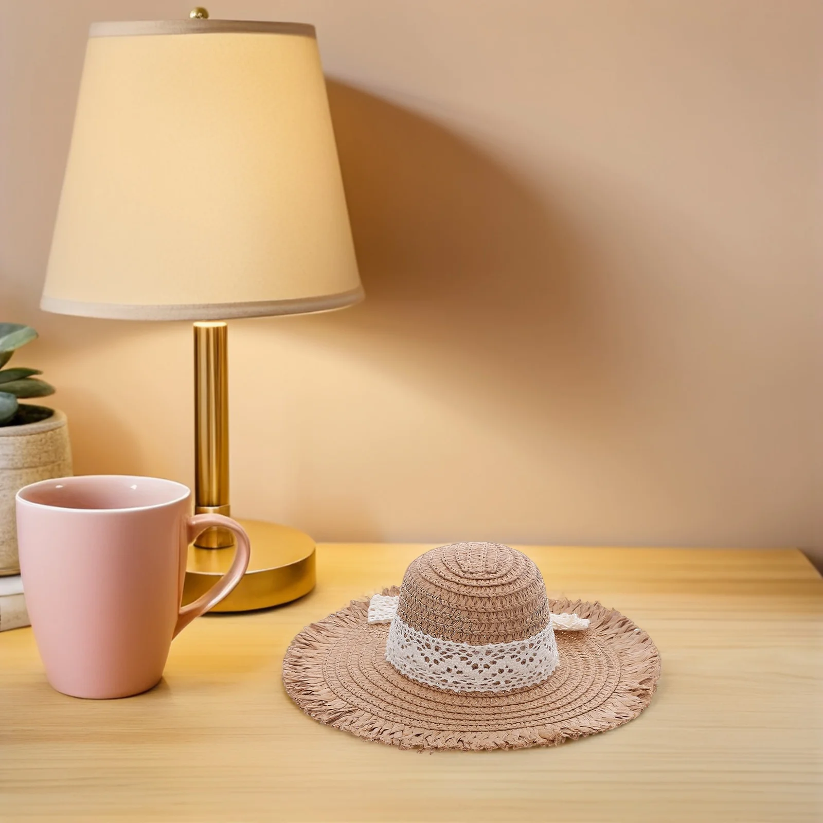 Mini Straw Hats Handwoven Lace Ribbon Miniature Straw Bucket Cap for Craft Dollhouse Decoration Accessories Beach Hat