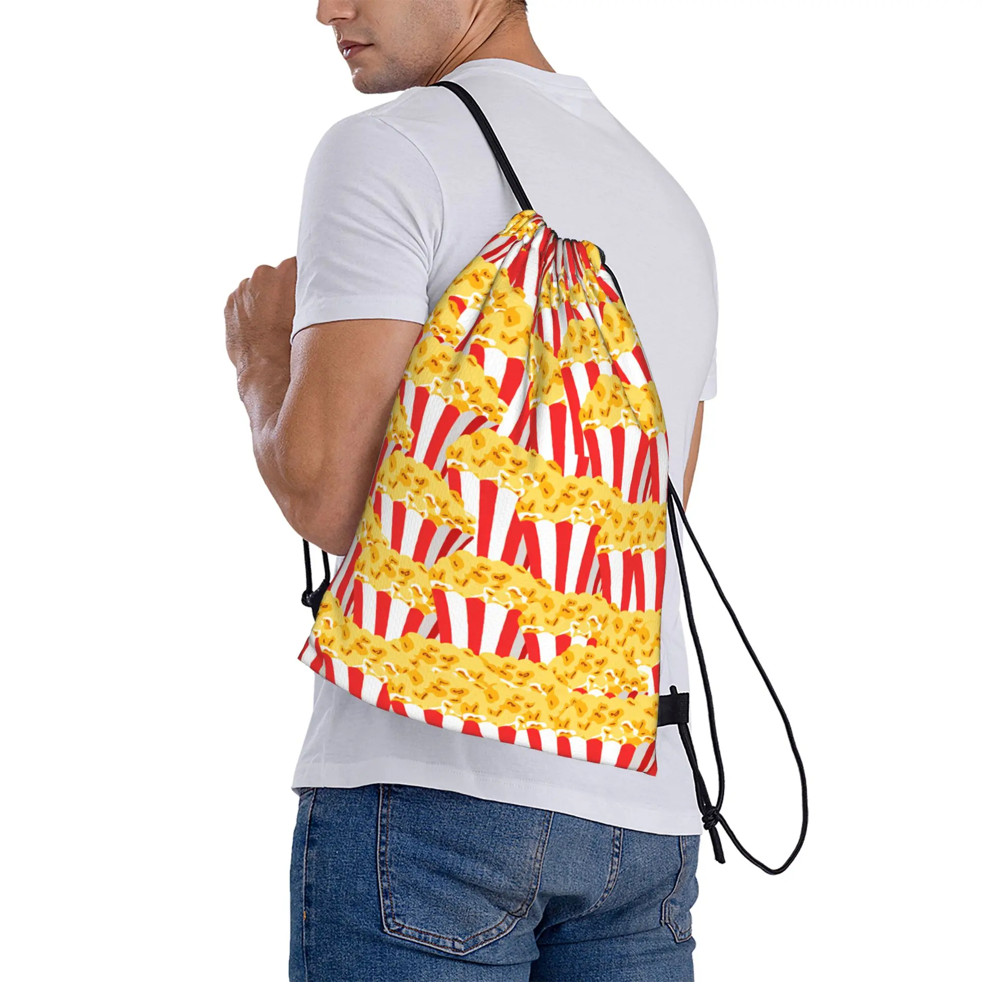 Popcorn-themed Backpack  Foldable Retro School Gym Design Sackpack String Bags