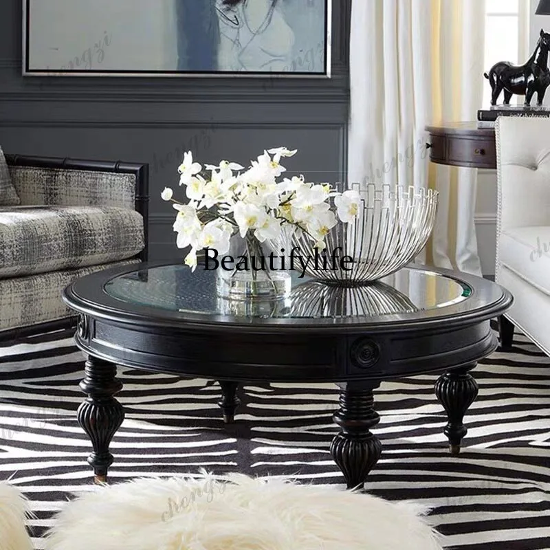 North American coffee table French retro engraving old rattan art American Nordic glass round coffee table