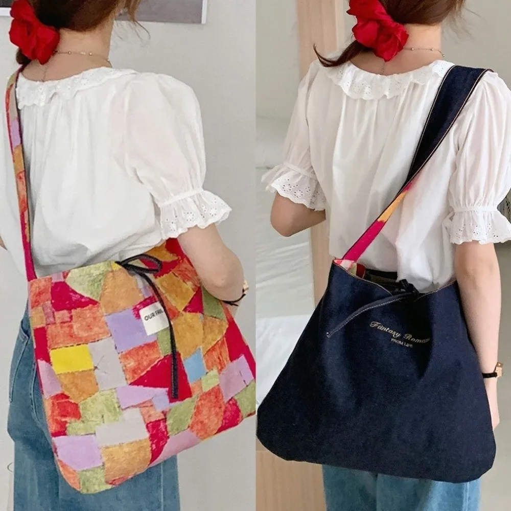 

Casual Cloth Double Sided Denim Bag Korean Style Flower Denim Shoulder Bag Handbag Large Capacity Bohemian Messenger Bag Women