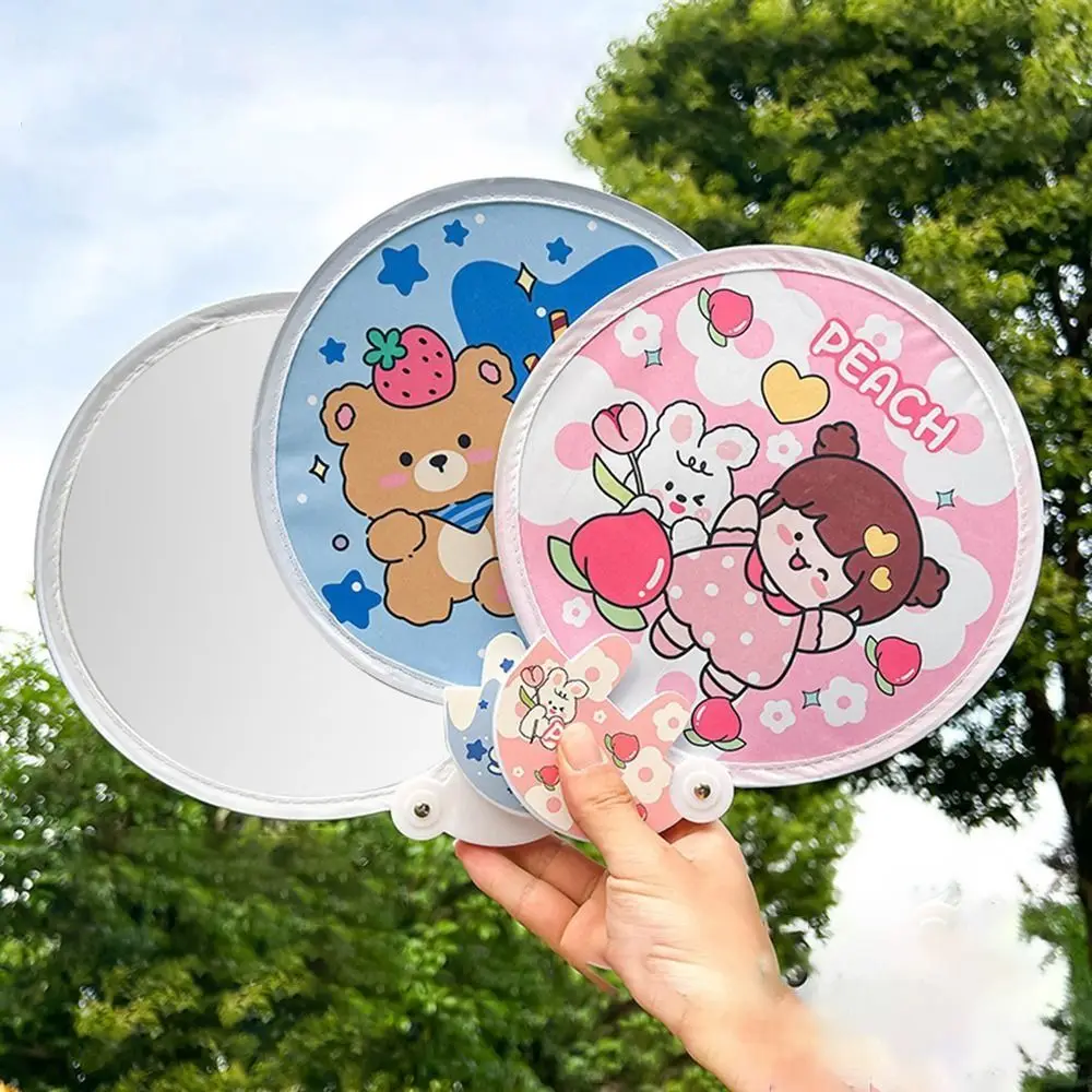 5Pcs Portable Cartoon Cute Folding Fan Decorative Mini Cool Fan with Reflective Board Round Pocket Fan Student