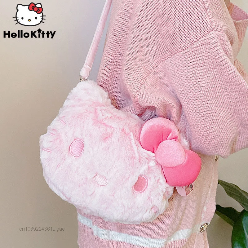 Sanrio Hello Kitty New Pink Bags Y2k Girl Cute Small Plush Purse Messenger Bag Women Soft Cartoon Shoulder Bag Friend Gifts