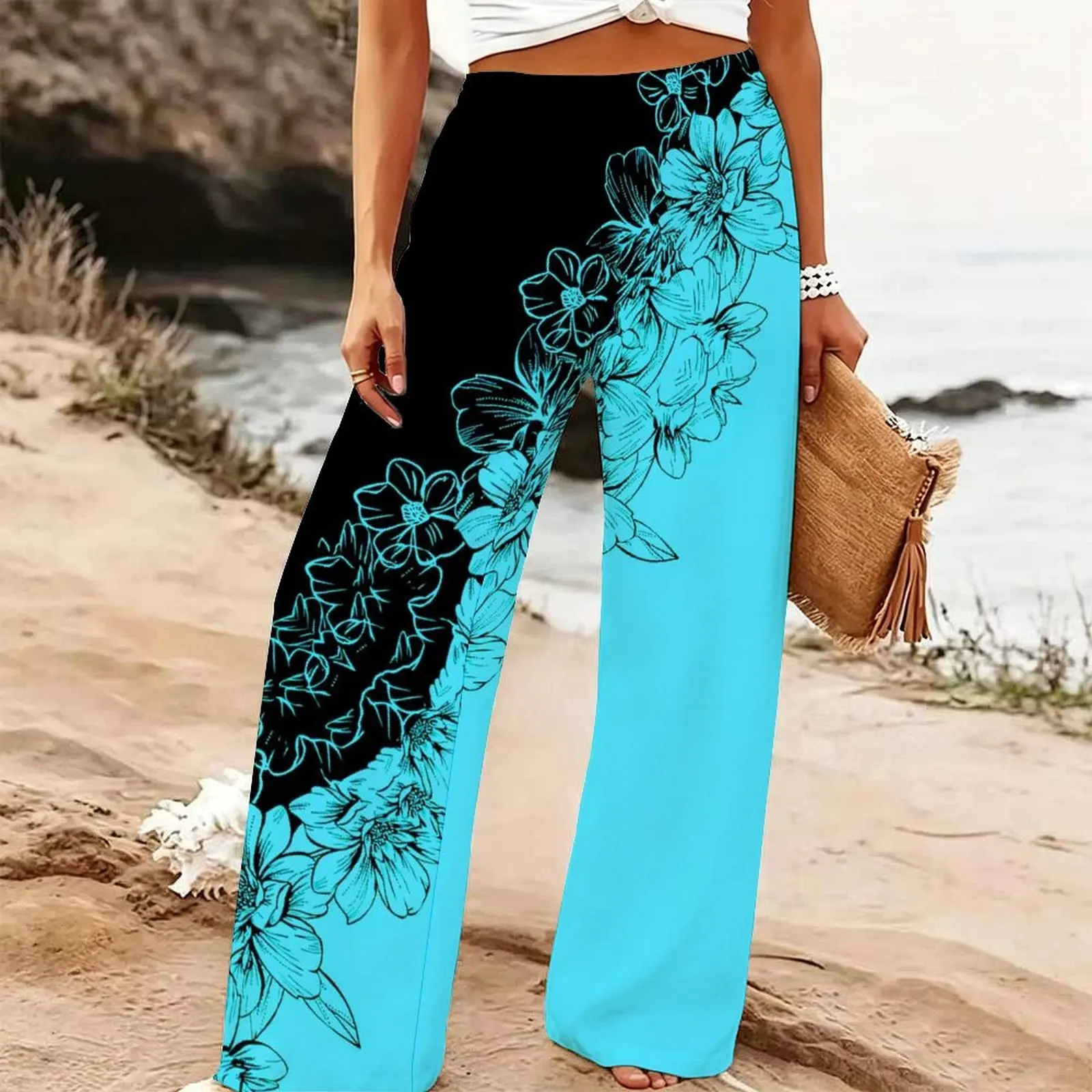 Women's Summer Beach Wide Leg Trousers Floral Print Elastic High Waist Loose Fit Casual Vacation Palazzo Pants