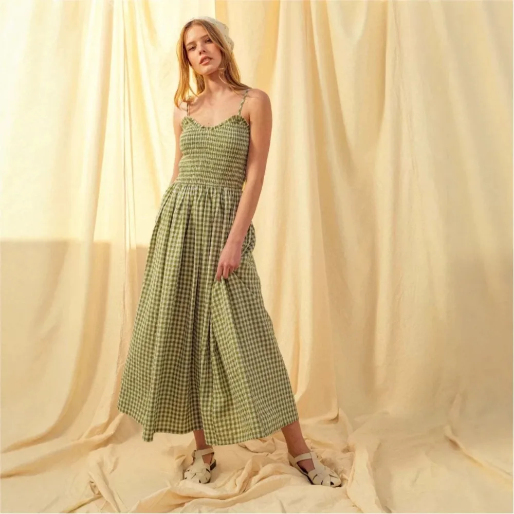 

Gingham Midi Dress Sleeveless Smocked Spaghetti Strap Flowy A-line Women's Summer Casual Beach Party Sundress Платье Женское
