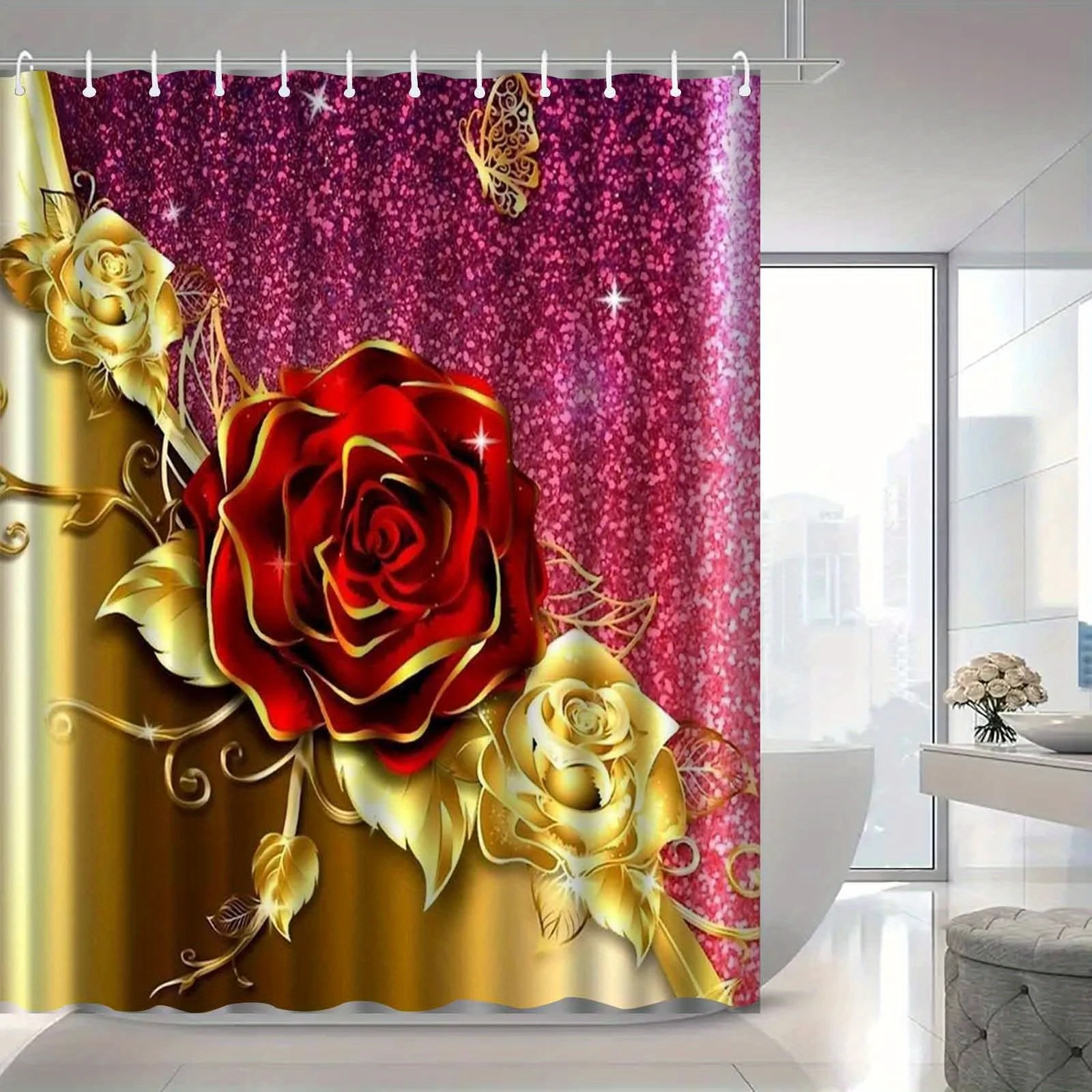 1pc Exquisite Golden Leaf Red Rose Flower Water Diamond Sparkling Shower Curtain, High-end Elegant Bathroom Curtain, Bathroom De